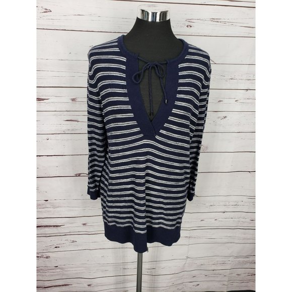 Loft Women's Blue Gray Striped Pullover 3/4 Sleeve See Through Shirt Size Large - Picture 11 of 11